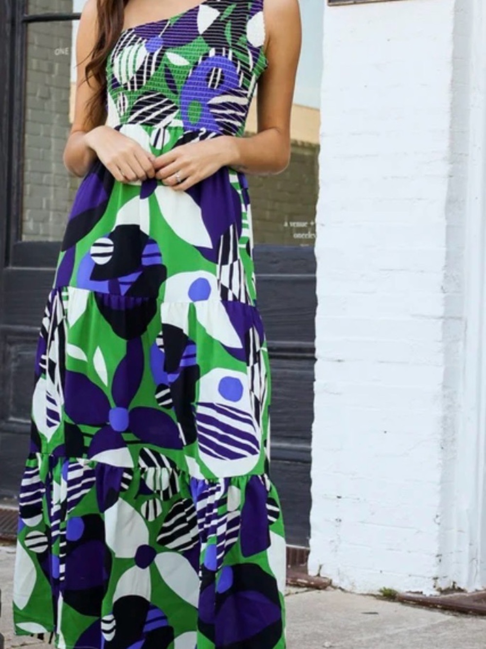 Sugarlips Green, Purple & White Floral One-Shoulder Maxi Dress